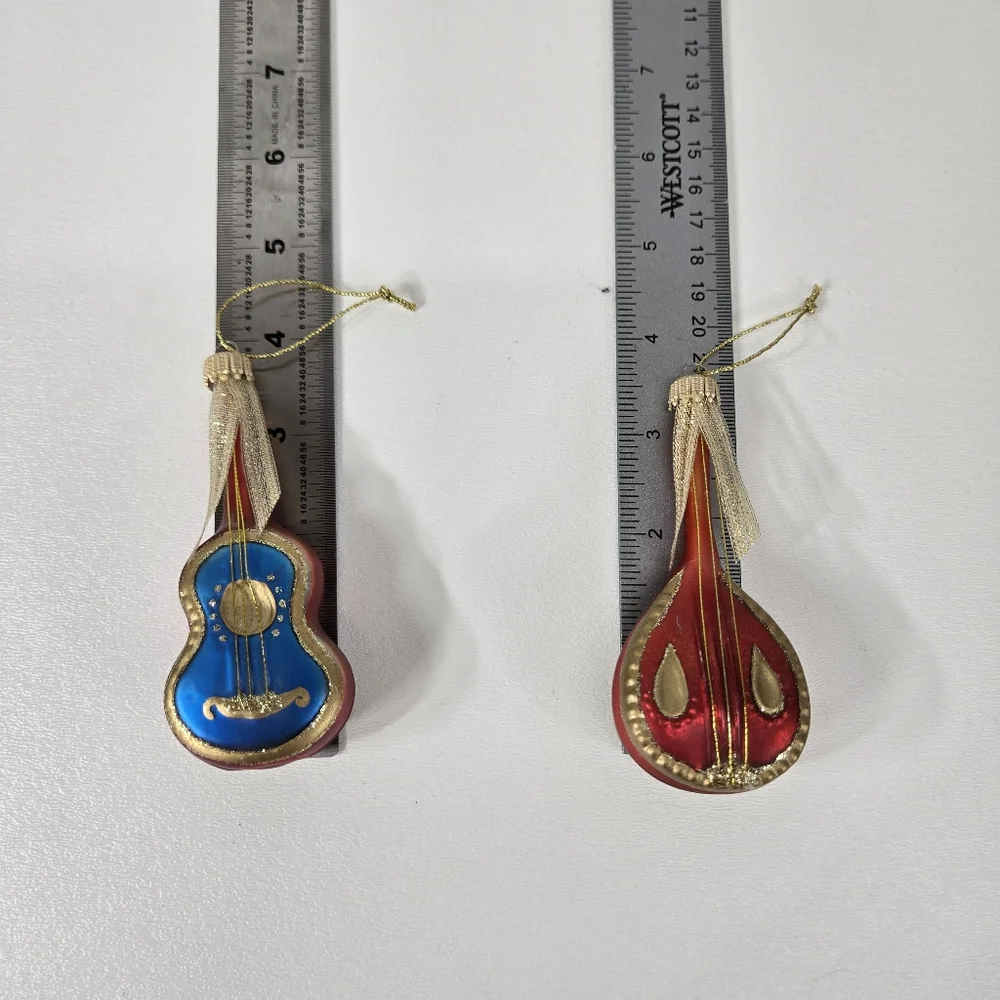 VTG Mercury Glass Hand Painted Mandolin Music Instruments Guitars ‎ Red Blue MCM
